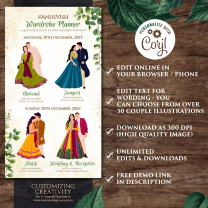 Indian Wedding Wardrobe Planner Hindu Wedding Program, Indian Wedding Program & Indian wedding itinerary as Digital Indian wedding Timeline