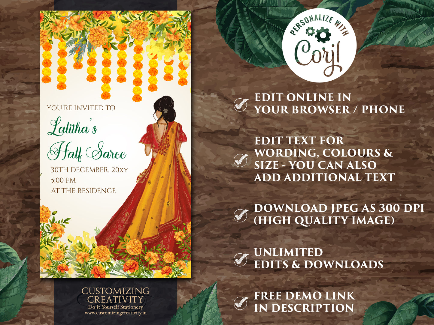 Half Saree function invitations & Saree Evite, Half saree invitations as Saree ceremony invite, Saree function invite as Half saree invites