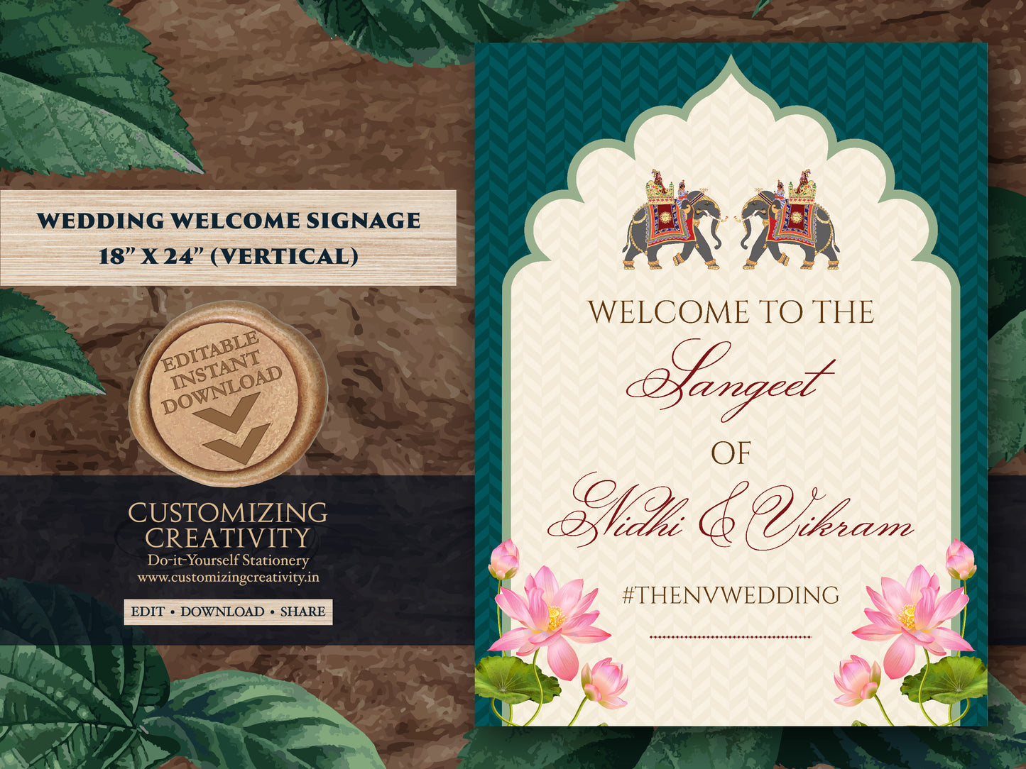 Sangeet Welcome signs as Royal Wedding signs, Indian Wedding sign Sangeet as Elephant decor Sign, Sangeet Decor Sign Emerald & Hindu Welcome