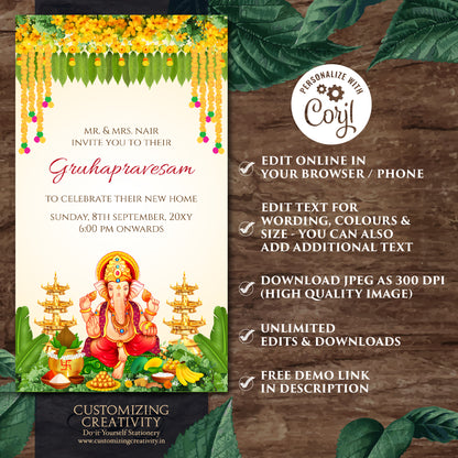 Tamil Gruhapravesham invitation Telugu Housewarming invite, Indian Housewarming invite Digital Gruhapravesam invite & Grihapravesh invite