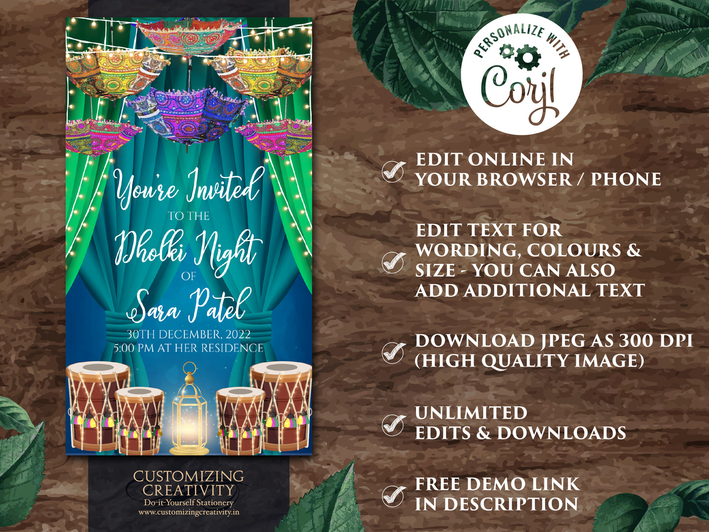Punjabi Dholki card digital as Muslim Dholki invitation, Muslim Dholak night invites, Dholak invitations & Pakistani Dholak Invites Digital