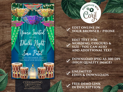 Punjabi Dholki card digital as Muslim Dholki invitation, Muslim Dholak night invites, Dholak invitations & Pakistani Dholak Invites Digital
