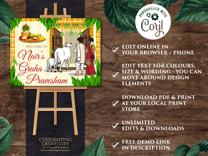 Gruhapravesham welcome sign Indian Housewarming sign, Grihapravesh welcome sign as Indian housewarming welcome board as Housewarming poster