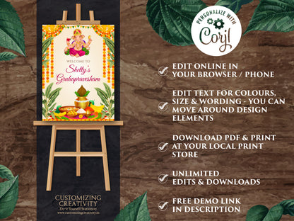 Indian Pooja sign & Ganesh puja sign, Gruhapravesam poster as Grihapravesh sign, Gruhapravesham sign as Indian Housewarming welcome sign