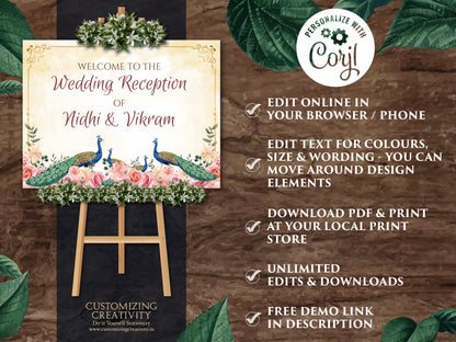 Sikh Wedding Welcome Signs as Peacock Welcome Signage, Indian Wedding Signs Anand Karaj as Punjabi Welcome Sign Peacock decor Sikh Welcome