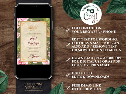 Indian invites Desi & Indian Invitations Digital, Floral Hindu Wedding invitations as Indian Wedding card Hindu, Electronic Hindu invitation