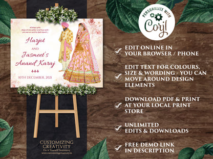 Sikh Wedding Welcome Signage as Anand Karaj Signage, Indian Wedding Welcome signs & Sikh Welcome Signs, Gurudwara Wedding Signage Entry Sikh