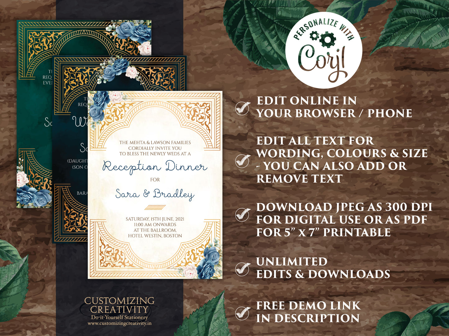 Emerald Gold Wedding Invitation Navy as Arabic Wedding invite Moroccan, Jewel tone Wedding Card Moroccan, Muslim Wedding Invite Nikkah card