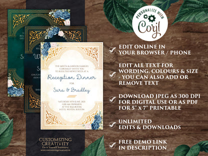 Emerald Gold Wedding Invitation Navy as Arabic Wedding invite Moroccan, Jewel tone Wedding Card Moroccan, Muslim Wedding Invite Nikkah card