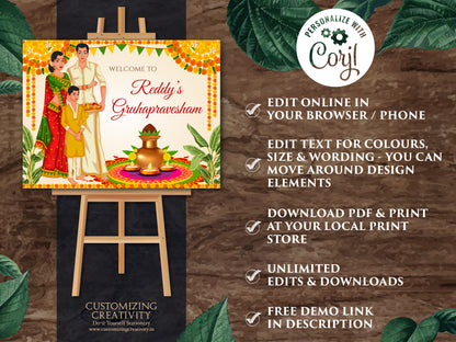 Gruhapravesam poster & Grihapravesh sign, Gruhapravesham sign Indian Housewarming welcome sign, Grah Shanti welcome sign Indian Pooja sign