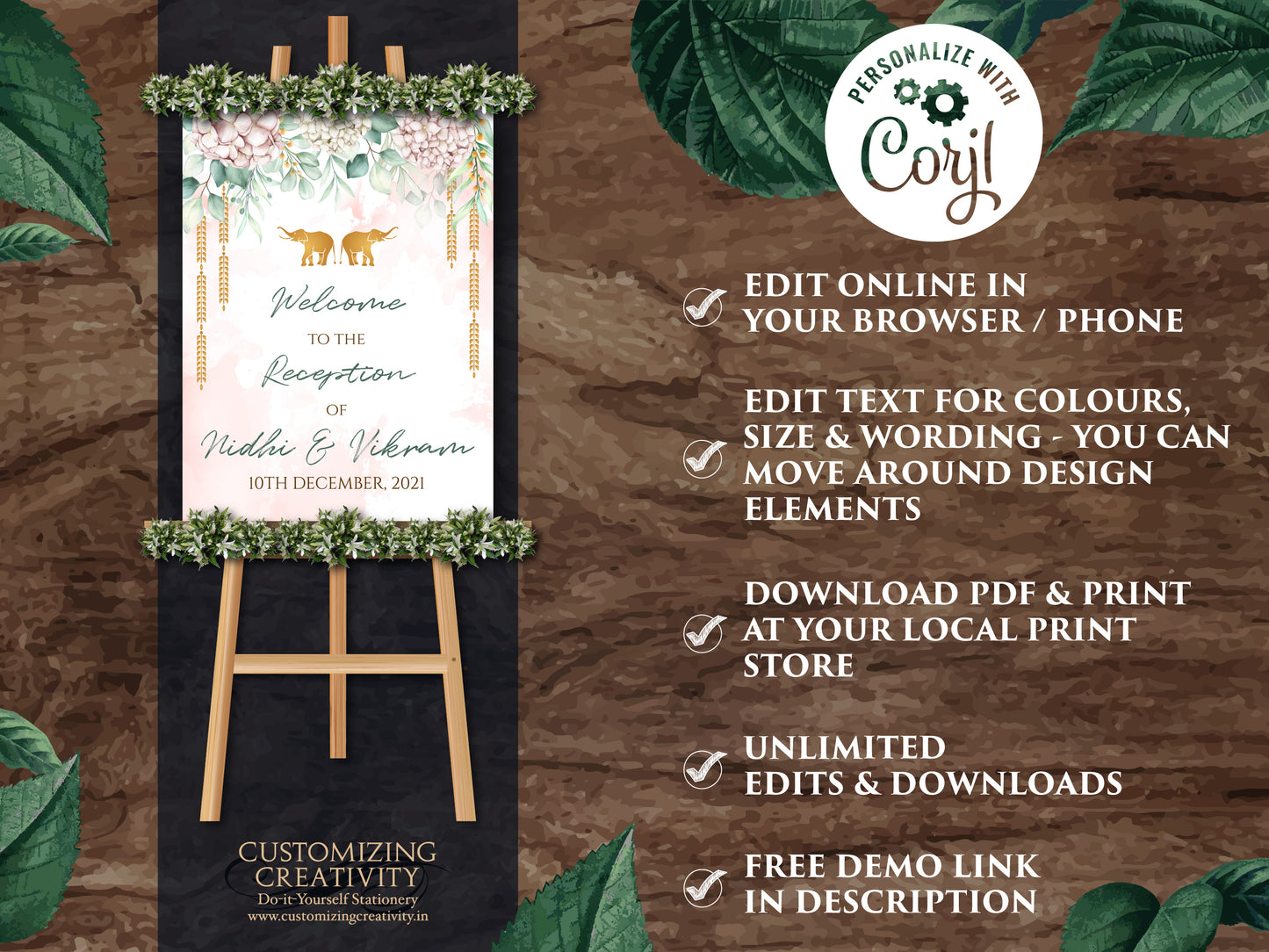 Reception Welcome Signs as Indian Wedding Welcome Sign Elephant, Reception sign Floral as Hindu Welcome Sign Pastel, Elephant Welcome Indian