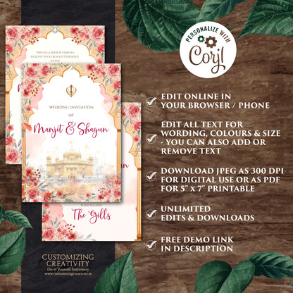 Digital Sikh Shaadi card Punjabi wedding invitation, Punjabi Wedding card & Sikh Wedding invitation, Indian wedding Anand Karaj invitation
