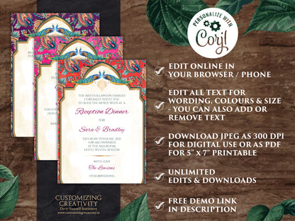 Paisley Wedding Invitation Template Download for a Boho Indian Wedding Peacock Invitation Suite, Modern, Elegant DIY Editable Wedding Invite