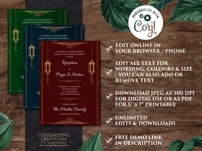 Jewel Tone Wedding Invitation Download for Fall Wedding Invite, Moroccan Invitation Suite Navy, Emerald & Burgundy Wedding, Arabic Wedding