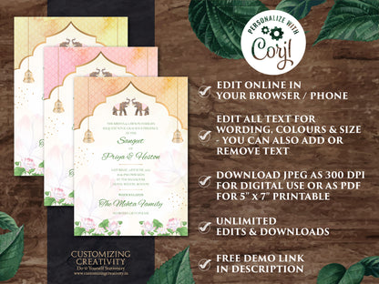 Pastel Invitation for Indian Wedding, Indian Elephant Invitation Template Download for Pastel Wedding in Blush Pink with Elephants & Lotus