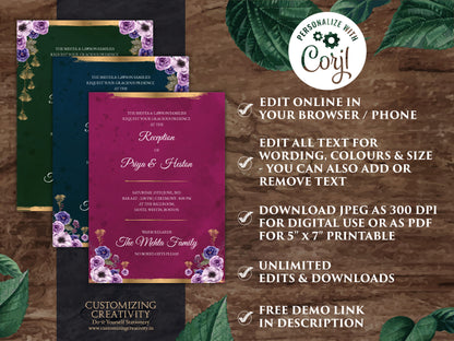 Jewel Tone Wedding Invitation Download for Fall Wedding Invitation, Fall Invitation Suite Navy, Emerald & Pink Wedding Invite Fall Wedding