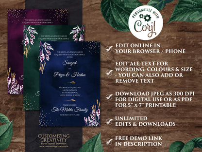 Jewel Tone Wedding Invitation Download for Fall Wedding Invitation, Fall Invitation Suite in Navy, Emerald & Deep Purple Wedding Invite Fall
