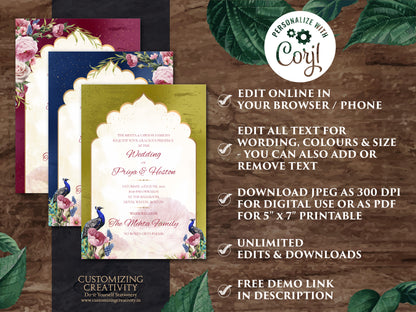 Peacock Wedding Invitation as Peacock invitations, Indian Invitation Jewel Tones & Indian Peacock invites, Indian Wedding invitations Hindu