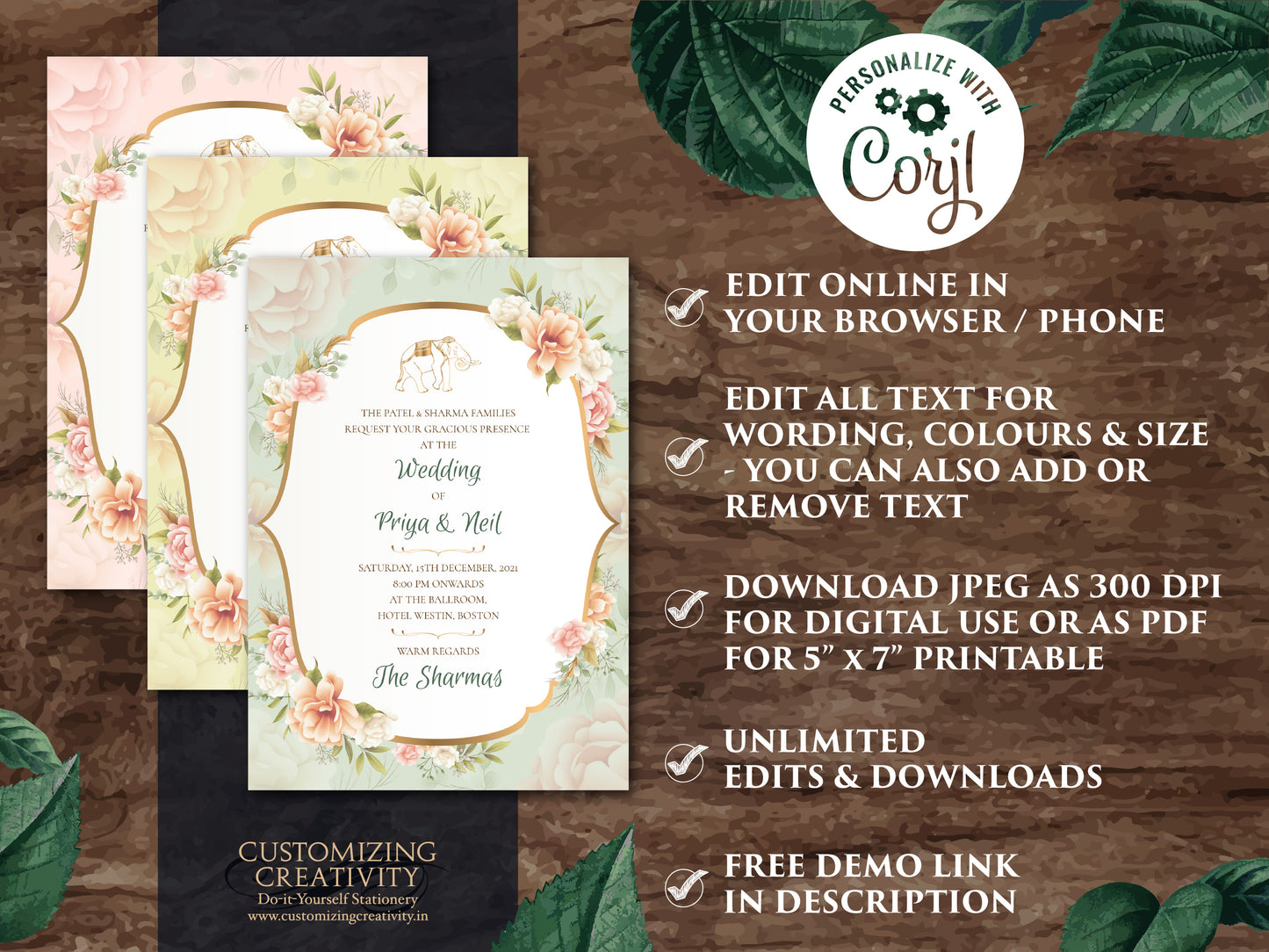 Indian invitations Elephant as Floral cards Elephant Hindu wedding, Pastel Invitations as Elephant Wedding Invite Indian Floral, Shaadi Card