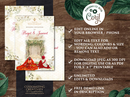 Punjabi wedding card as Sikh wedding card Indian, Anand Karaj invites & Sikh Wedding Invite, Punjabi Wedding invite as Sikh invitations