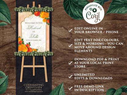 Marigold Welcome Signs for Indian Welcome sign, Mehndi Signs for Indian Mendhi Welcome Signage, Indian Wedding Sign marigold Henna Party