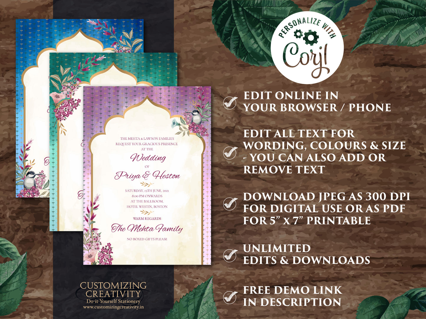 Jewel Tone Wedding Invitation Template Download for Boho Indian Wedding, Royal Invitation Suite Indian invitation card with Jewel Tones