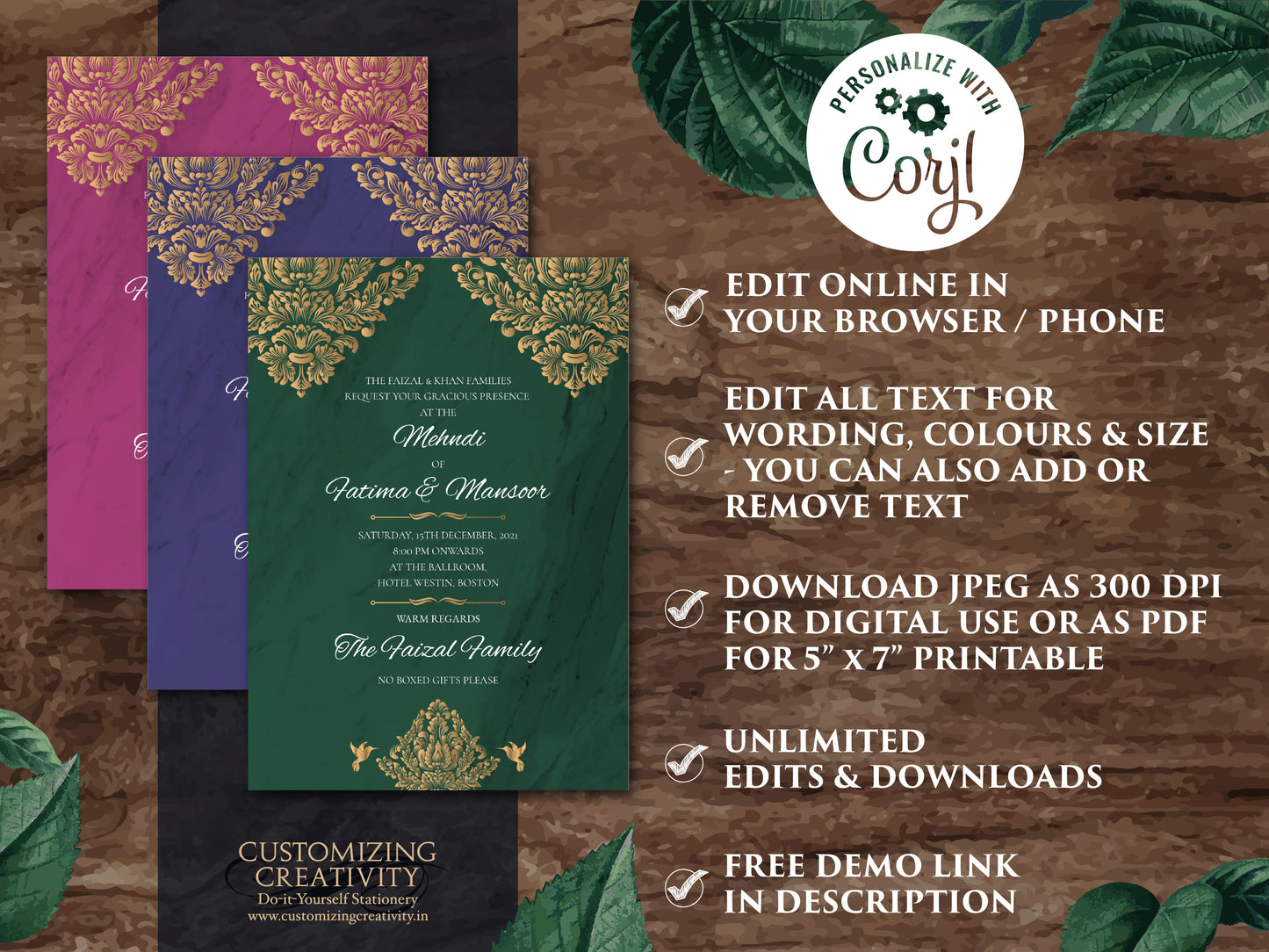 Emerald Green & Gold Nikah invite as Arabic Wedding card, Nikkah Invitation and Muslim invitation, Gold and Emerald Muslim Wedding invites