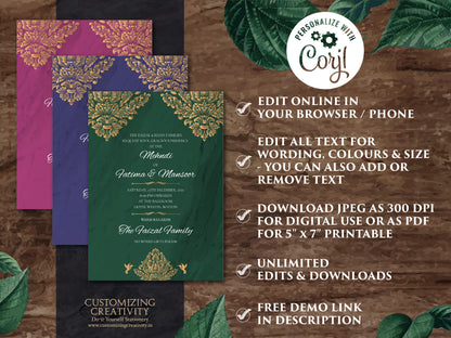 Emerald Green & Gold Nikah invite as Arabic Wedding card, Nikkah Invitation and Muslim invitation, Gold and Emerald Muslim Wedding invites