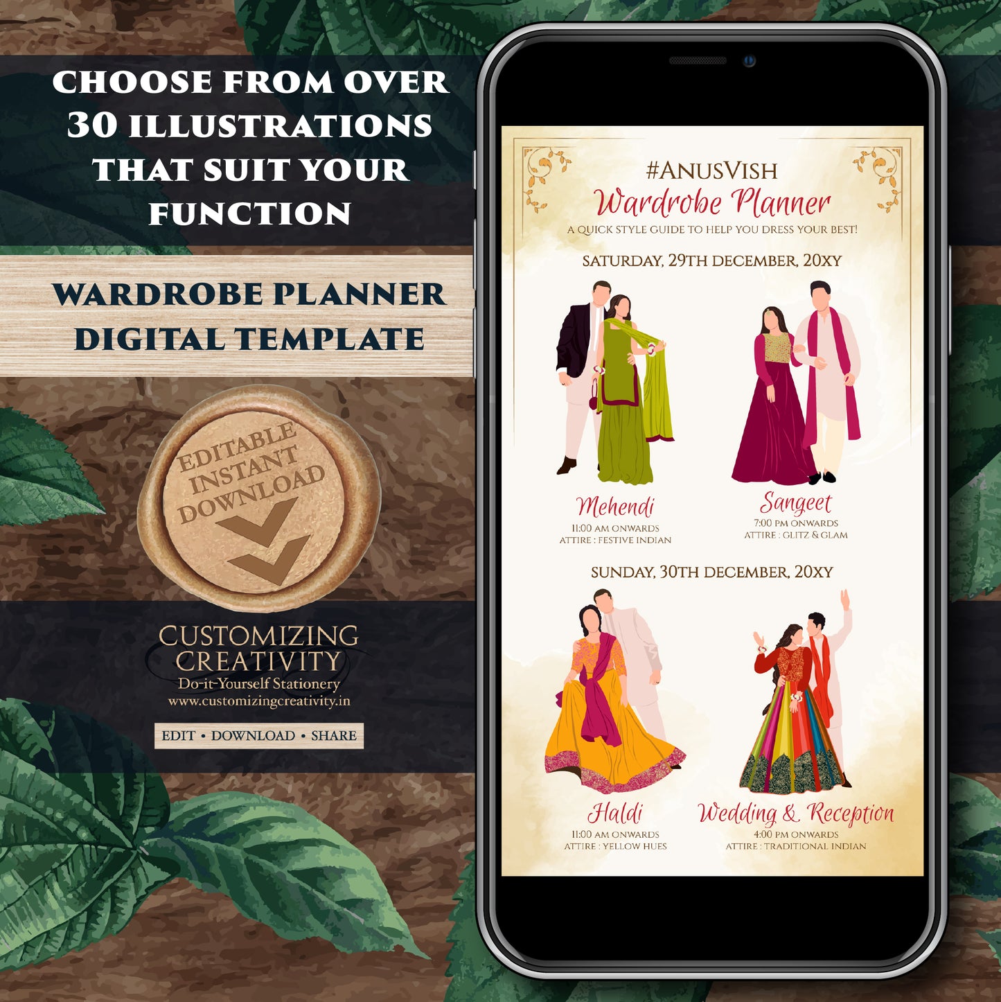 Digital Indian Wardrobe Planner Hindu Wedding Program, Indian Wedding Program & Indian wedding itinerary as Digital Indian wedding Timeline