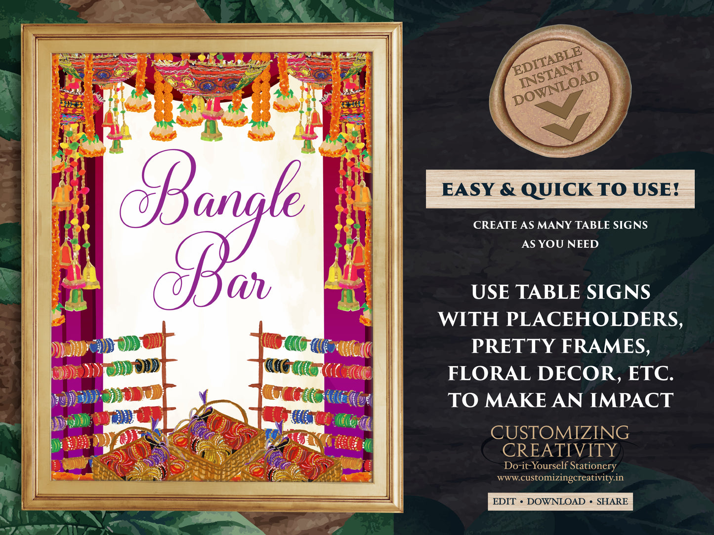 Bangle Bar signs Desi Wedding decor, Bangle decoration & Henna station sign Dholki decor, Mehndi decor as Dholki decor, Bindi station sign