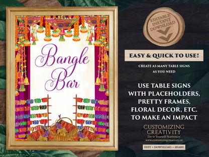 Bangle Bar signs Desi Wedding decor, Bangle decoration & Henna station sign Dholki decor, Mehndi decor as Dholki decor, Bindi station sign