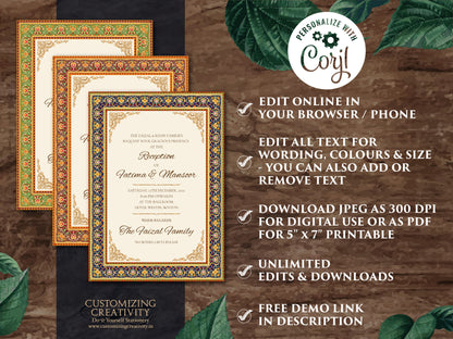 Muslim Wedding invitation as Arabic Wedding Shaadi Card, Nikkah invite, Nikah invitation as Arabic invite, Muslim invite as Mehndi invite