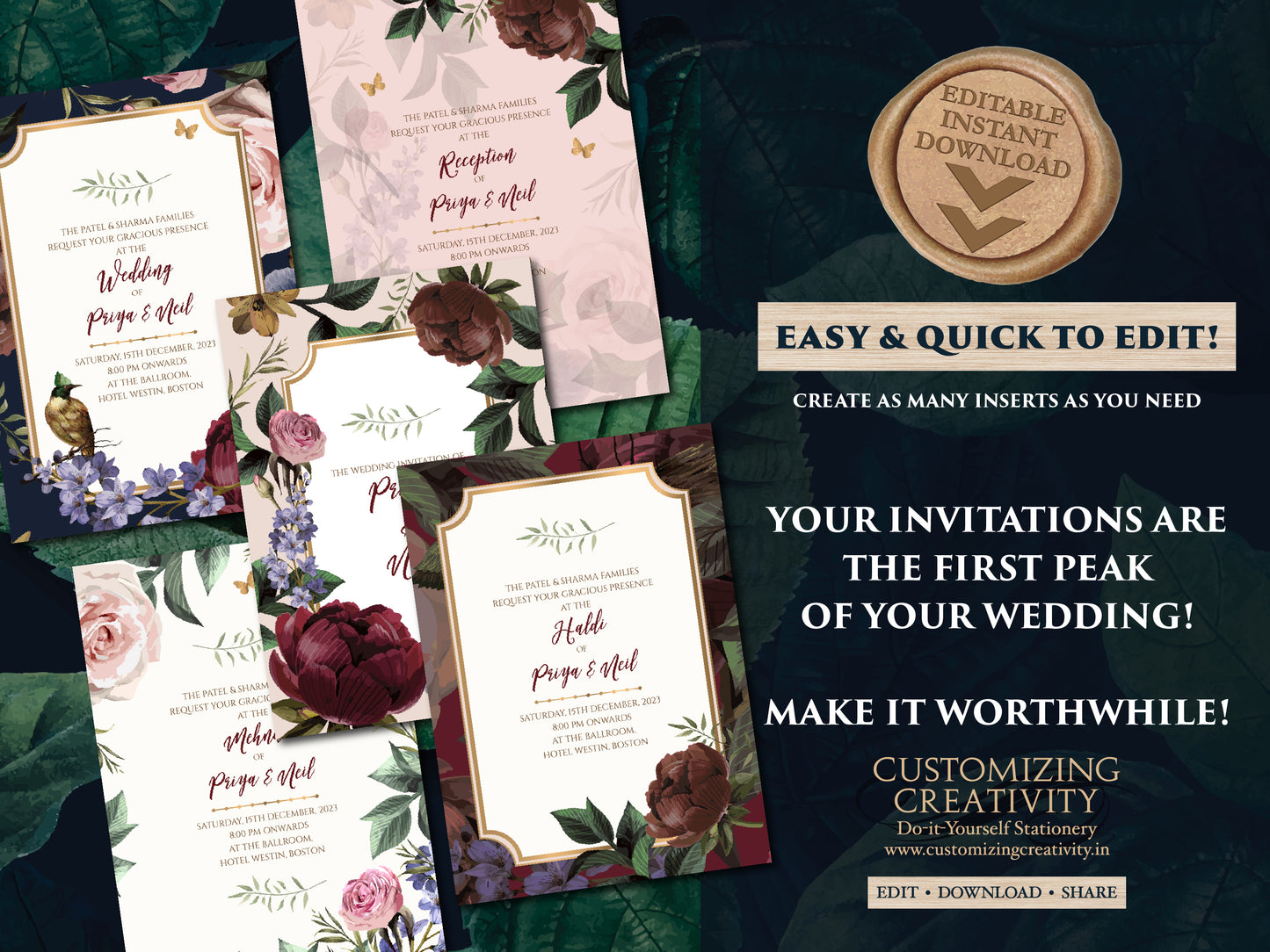 Indian Wedding invites Digital, Floral Indian invites & Indian Invitations Digital, Hindu Wedding invitations as Indian Wedding cards Hindu
