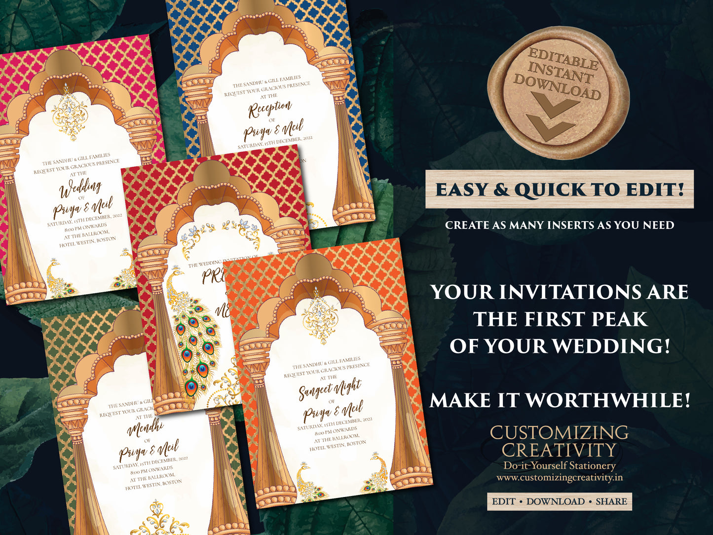 Peacock Invitations as Wedding cards Indian, Hindu Wedding invites Peacock & Hindu invitation electronic Indian digital wedding card Peacock