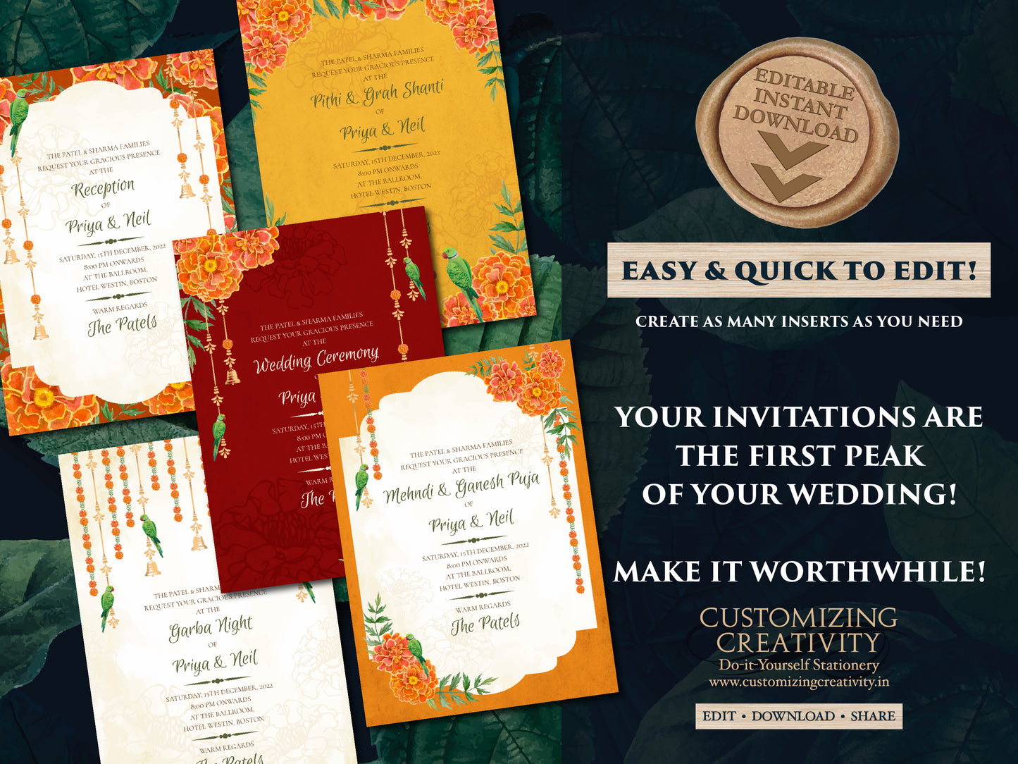 Marigold invitations Indian as Hindu Wedding card Gujrati, Gujarati Kankotri invites, Digital wedding card Hindu & Indian wedding invitation