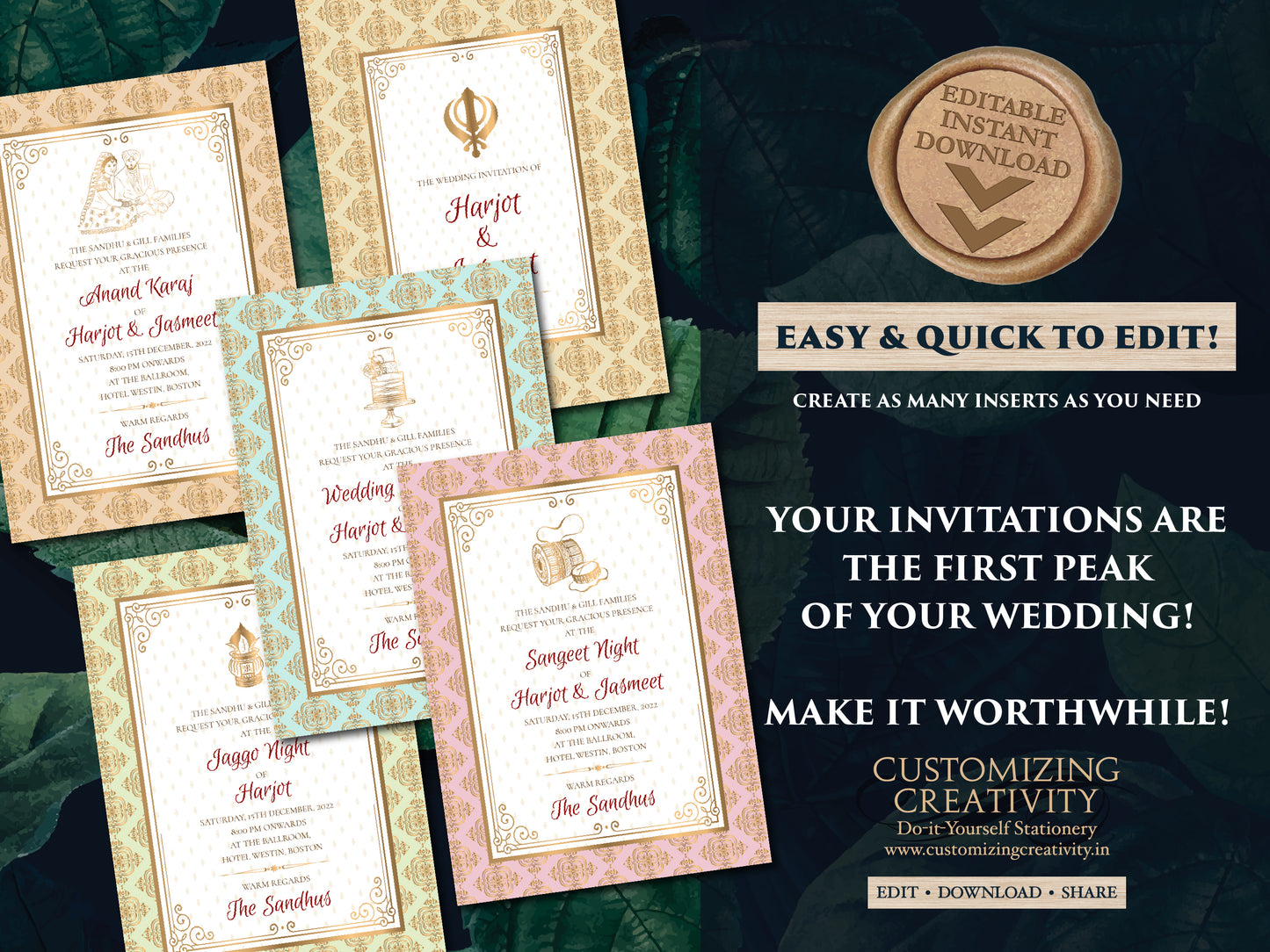 Sikh Wedding cards as Indian Wedding invitations Pastel, Anand Karaj Wedding cards Sikh & Sikh invitations Indian, Anand Karaj invite Indian