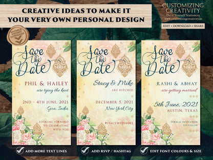 Indian Save the date Electronic as Hindu Save the Date Digital, Wedding Save the Date Floral & Desi Wedding Save the Date Whats App invite