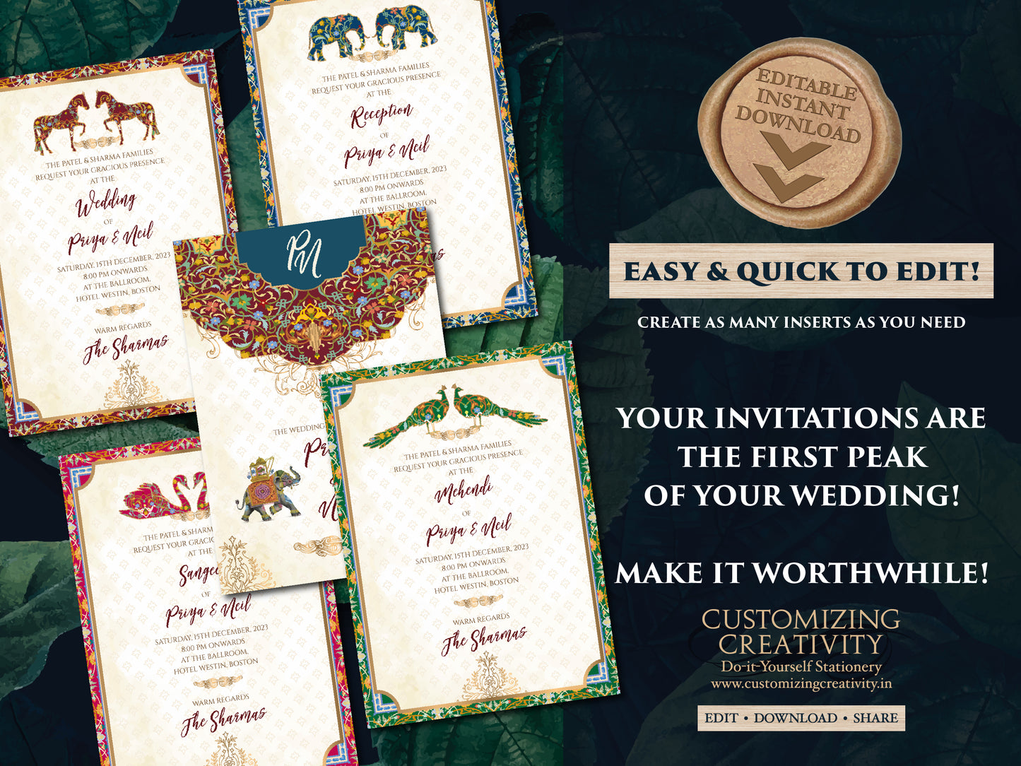 Indian Wedding Invitations as Elephant Invitation Indian, Peacock invitations Wedding as Indian invitations Hindu wedding, Digital Invites
