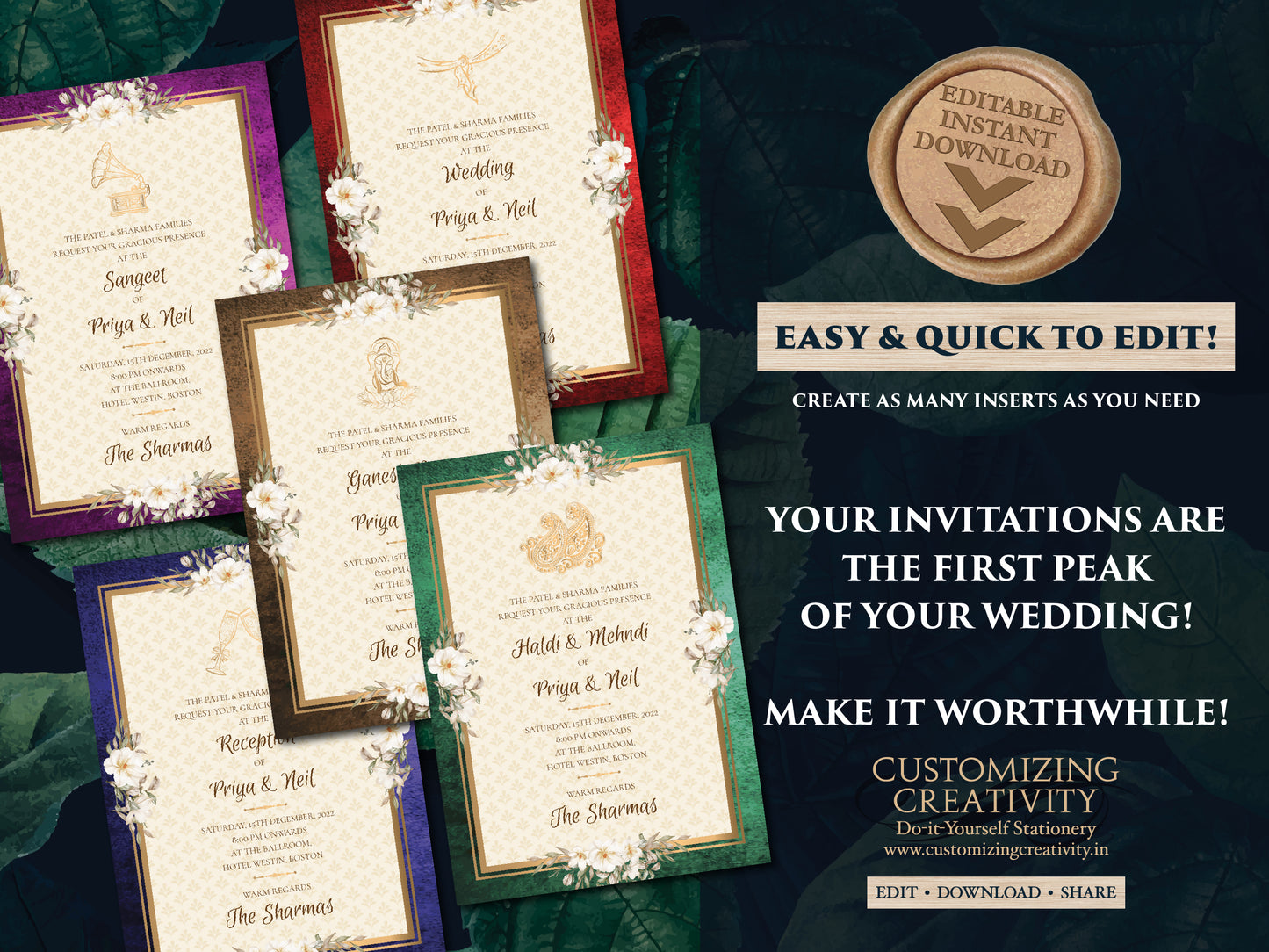 Indian invitation Digital wedding card & Indian Invite, Gujarati Wedding invites as Hindu Wedding card Gujrati, Gujarati kankotri invitation