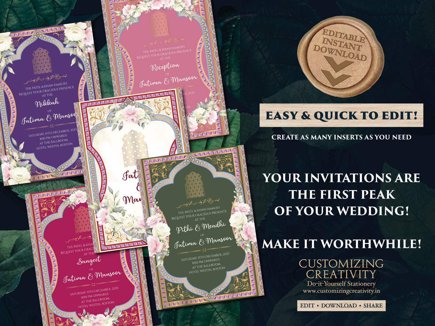 Muslim Wedding Invitation Islamic & Walima Invitation, Nikkah Wedding Invitation as Digital Nikah Invite, Muslim Wedding invite Pakistani