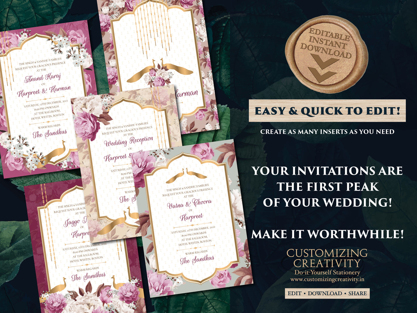 Peacock Invitations as Peacock Wedding cards Indian, Hindu Wedding invites Peacock & Hindu invitation electronic Indian digital wedding card