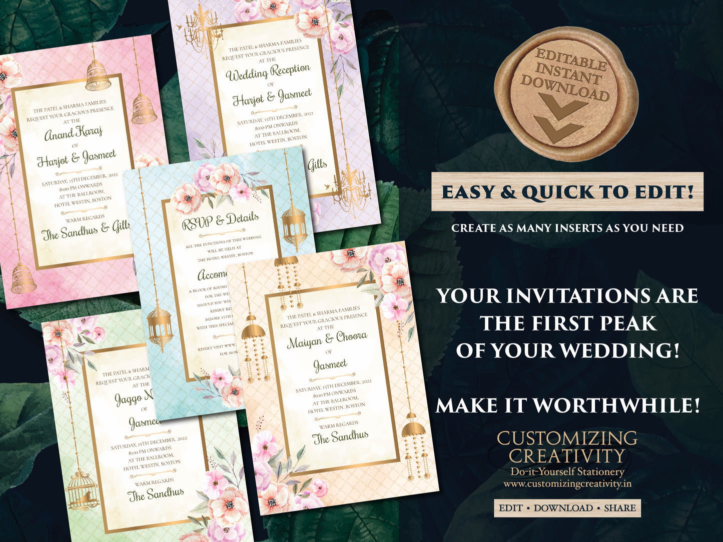 Sikh Wedding Invitations as Indian Wedding cards Floral, Anand Karaj Wedding invites Sikh & Sikh invitations Indian, Anand Karaj invitations