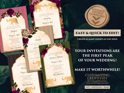 Indian Wedding Invitations as Elephant Wedding cards Floral, Wedding invites Elephant & Indian invitation Hindu wedding card, Indian Invites