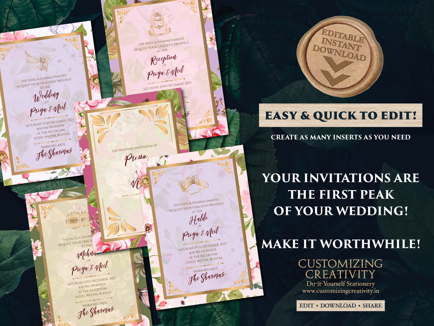 Indian invites Desi & Indian Invitations Digital, Floral Hindu Wedding invitations as Indian Wedding card Hindu, Electronic Hindu invitation