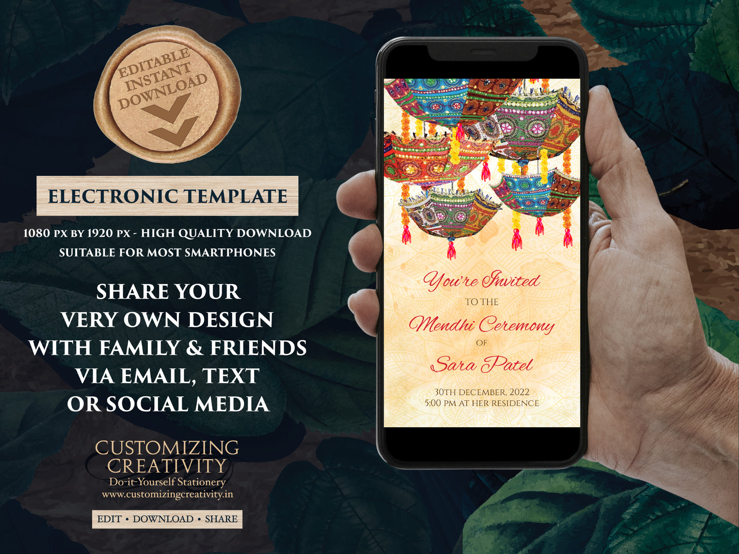 Mehndi invitations, Mendhi invites as Henna Party invites, Mehndi Invites, Henna Night invitations Electronic DIY & Digital Mehndi invites