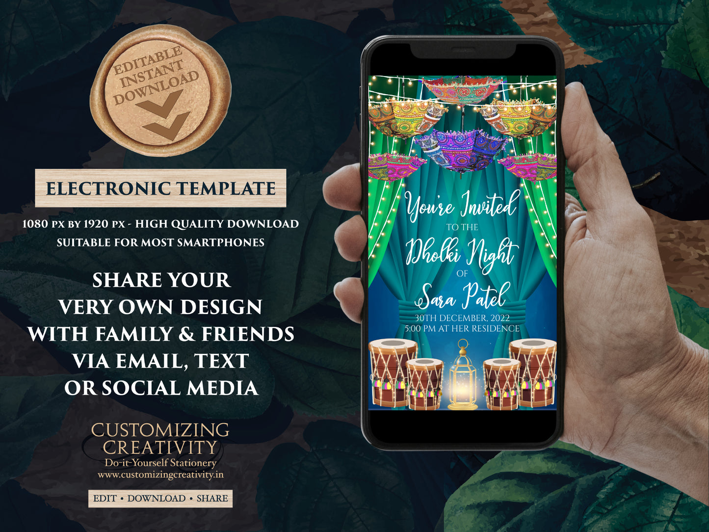 Punjabi Dholki card digital as Muslim Dholki invitation, Muslim Dholak night invites, Dholak invitations & Pakistani Dholak Invites Digital