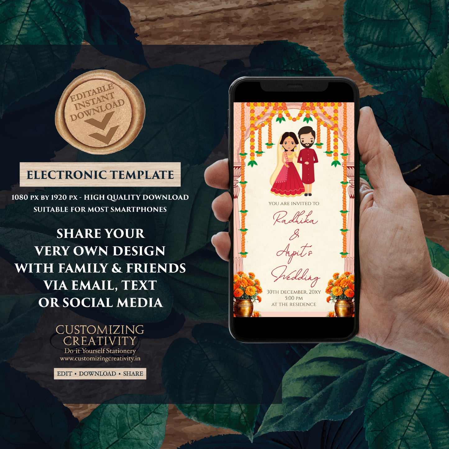 Indian Wedding invitation & Hindu wedding invite, Digital Indian Wedding invite Hindu Wedding card, Hindu invitation as Indian wedding cards