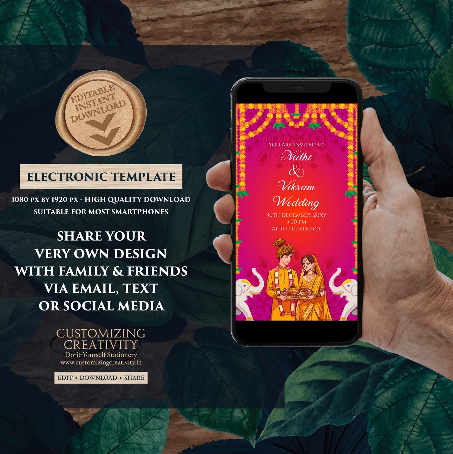 Indian Wedding card & Indian wedding invite, Digital Hindu Wedding invite Indian Wedding invitation, Hindu invitation as Hindu wedding cards