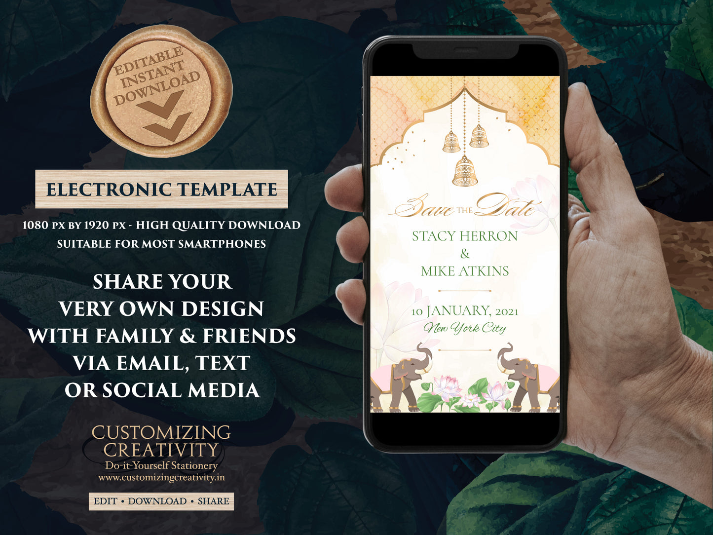 Indian Save the date Invite, Digital Save the date Elephant as Hindu Save the date electronic, Royal Elephant invitation Indian DIY template