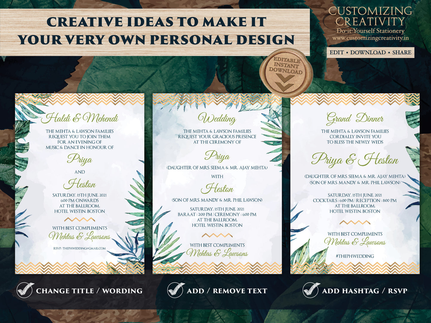 Tropical Wedding as Beach Wedding invitations, Spring Wedding cards, Summer Invite Destination Wedding & Indian Wedding invites Hindu cards